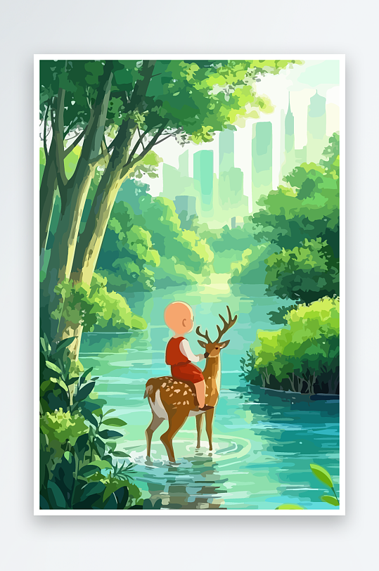 梅花鹿孩童风景插画元素-众图网