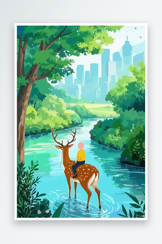 梅花鹿孩童风景插画元素-众图网