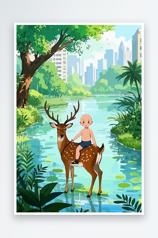 梅花鹿孩童风景插画元素-众图网
