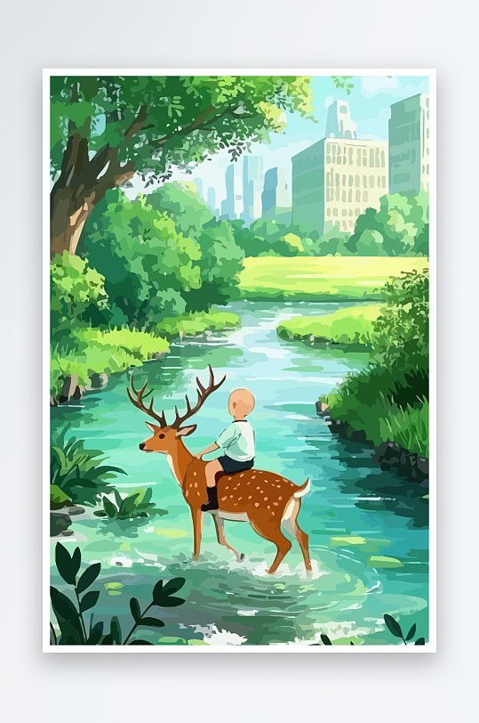 梅花鹿孩童风景插画元素-众图网