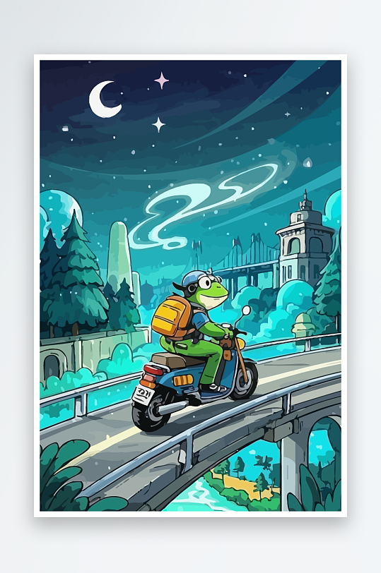 青蛙孩童骑车风景插画元素-众图网