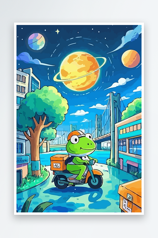 青蛙孩童骑车风景插画元素-众图网