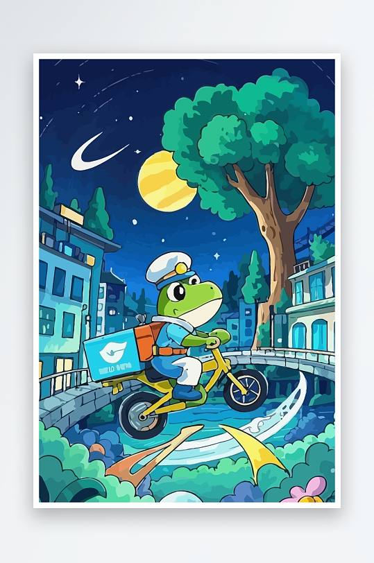 青蛙孩童骑车风景插画元素-众图网
