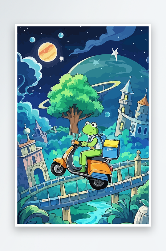 青蛙孩童骑车风景插画元素-众图网