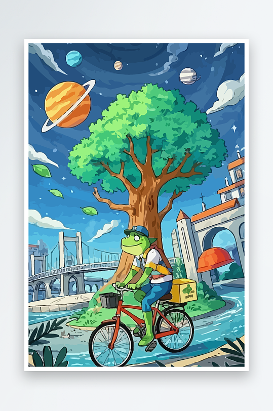 青蛙孩童骑车风景插画元素-众图网