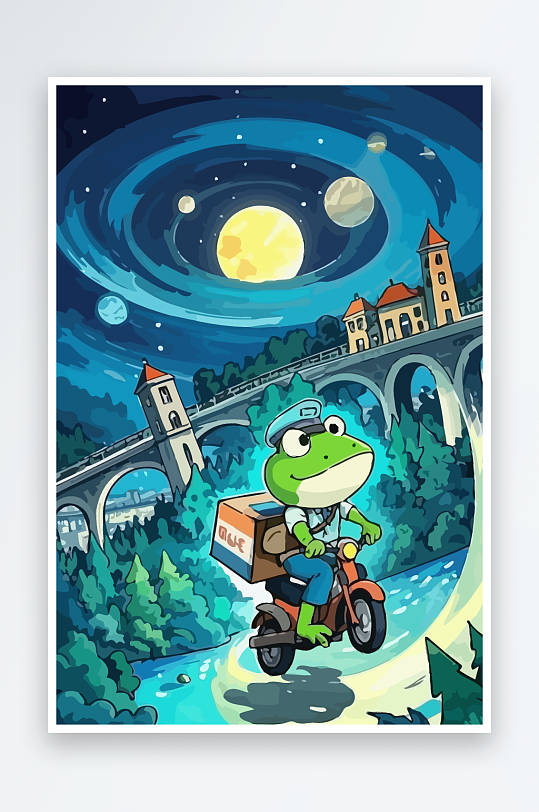 青蛙孩童骑车风景插画元素-众图网