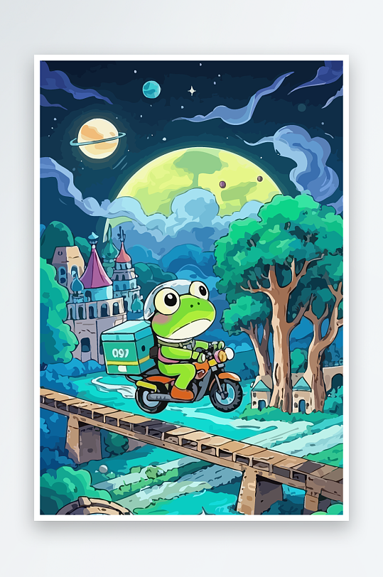 青蛙孩童骑车风景插画元素-众图网