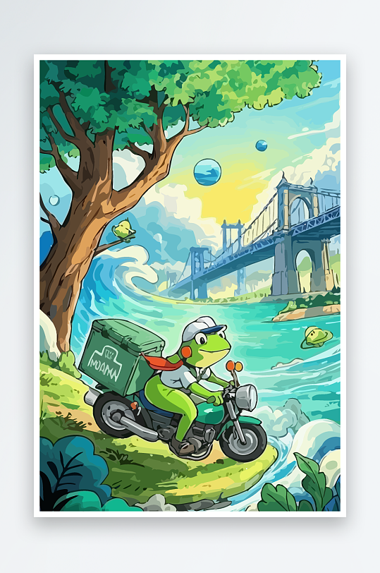 青蛙孩童骑车风景插画元素-众图网