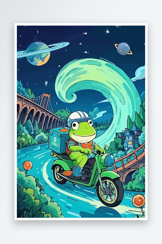 青蛙孩童骑车风景插画元素-众图网