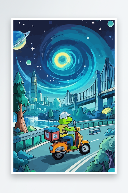 青蛙孩童骑车风景插画-众图网