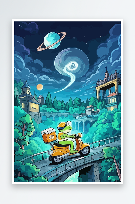 青蛙孩童骑车风景插画-众图网