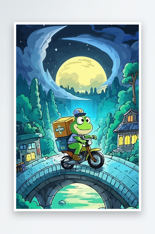 青蛙孩童骑车风景插画-众图网