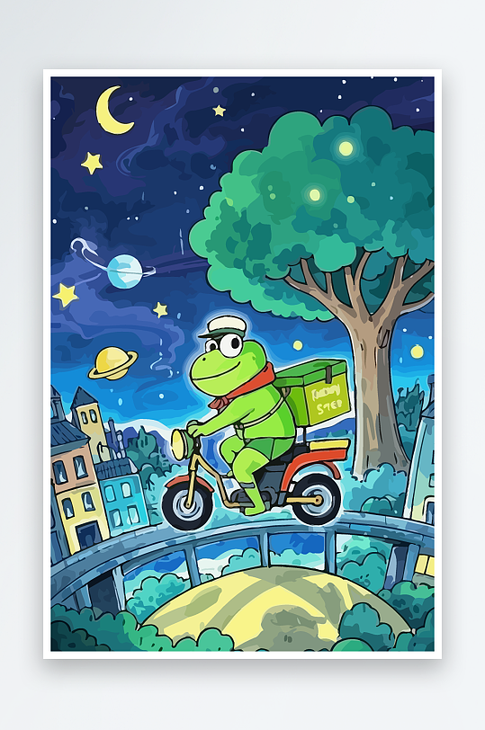 青蛙孩童骑车风景插画-众图网