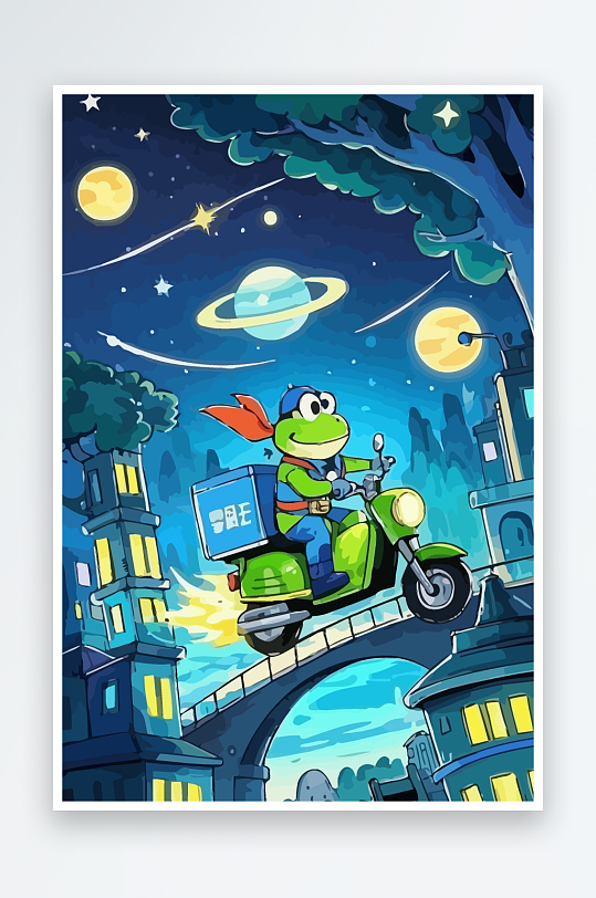 青蛙孩童骑车风景插画-众图网