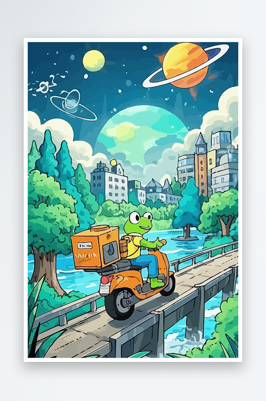 青蛙孩童骑车风景插画-众图网