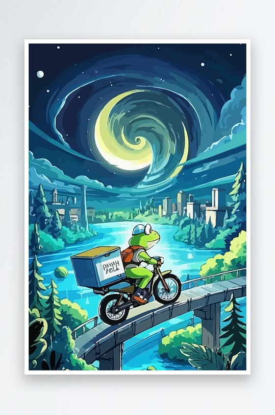 青蛙孩童骑车风景插画元素-众图网