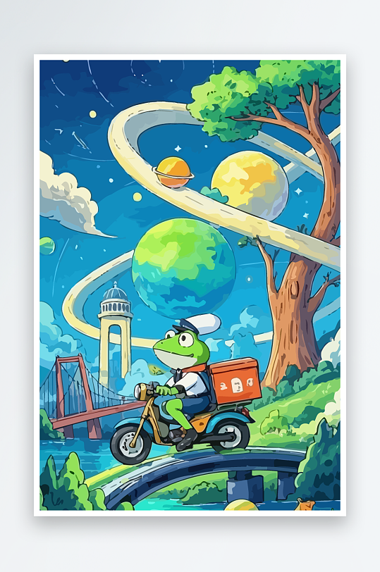 青蛙孩童骑车风景插画元素-众图网