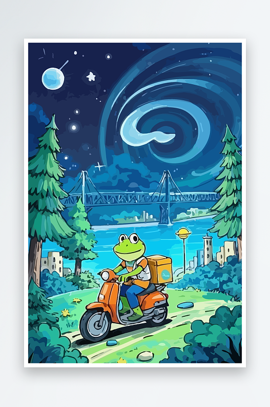 青蛙孩童骑车风景插画元素-众图网