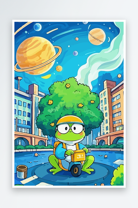 青蛙孩童骑车风景插画元素-众图网