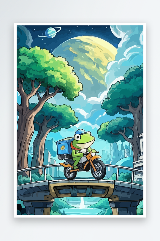 青蛙孩童骑车风景插画元素-众图网