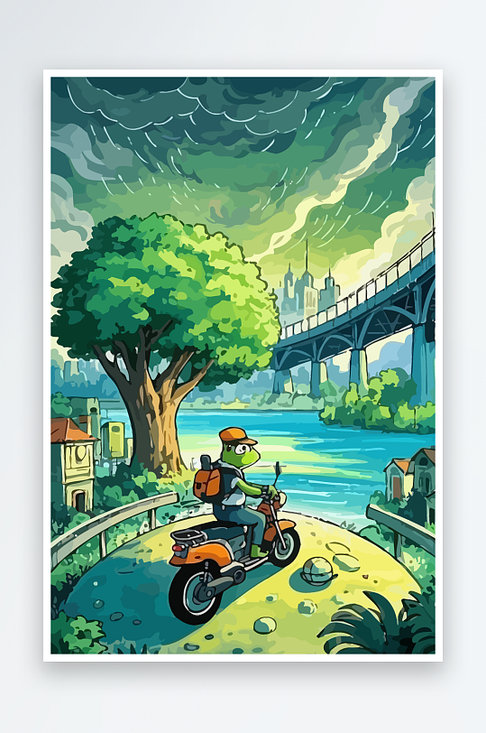 青蛙孩童骑车风景插画元素-众图网