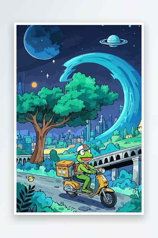 青蛙孩童骑车风景插画元素-众图网