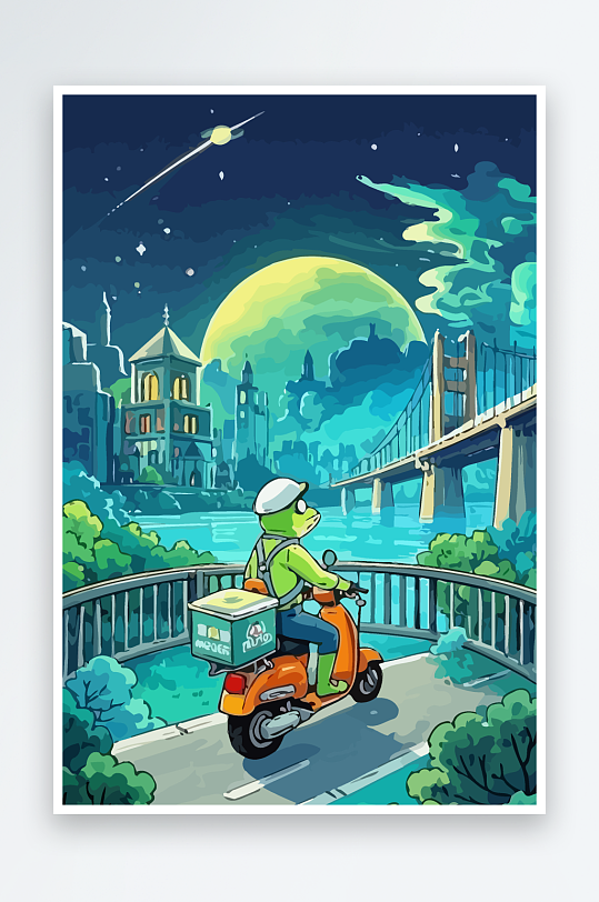 青蛙孩童骑车风景插画-众图网