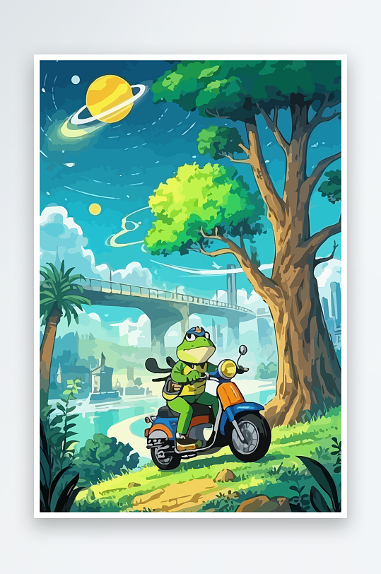 青蛙孩童骑车风景插画-众图网