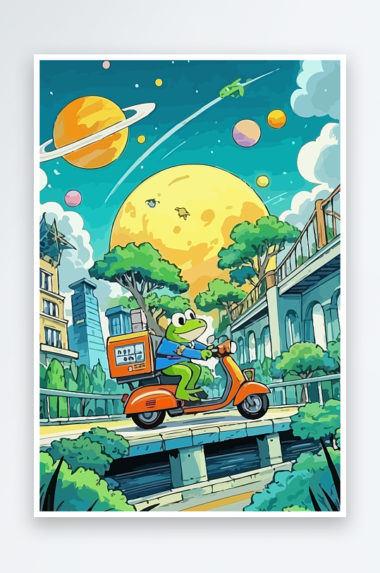 青蛙孩童骑车风景插画-众图网