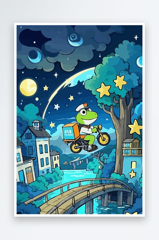 青蛙孩童骑车风景插画-众图网