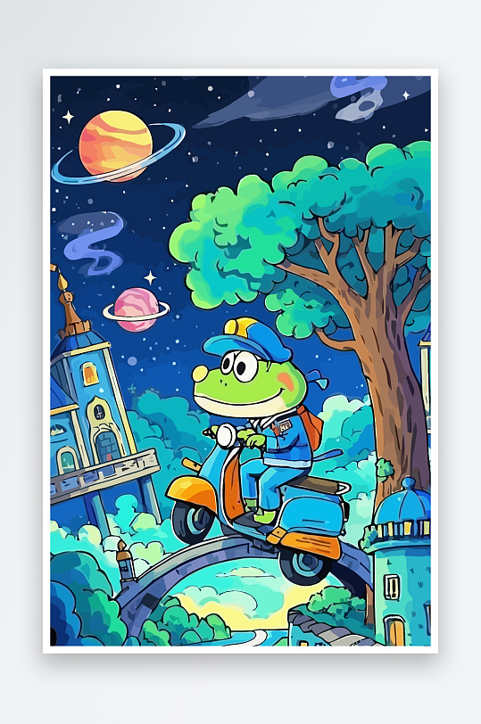 青蛙孩童骑车风景插画-众图网
