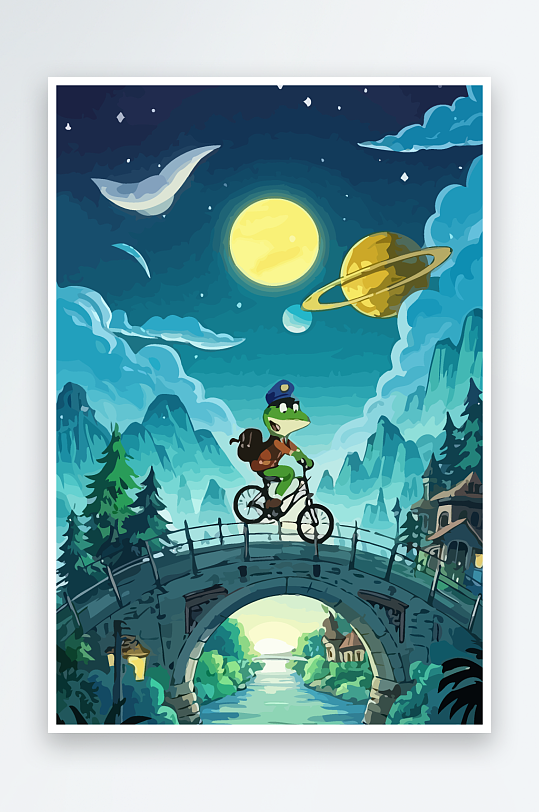青蛙孩童骑车风景插画-众图网