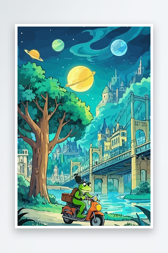 青蛙孩童骑车风景插画-众图网