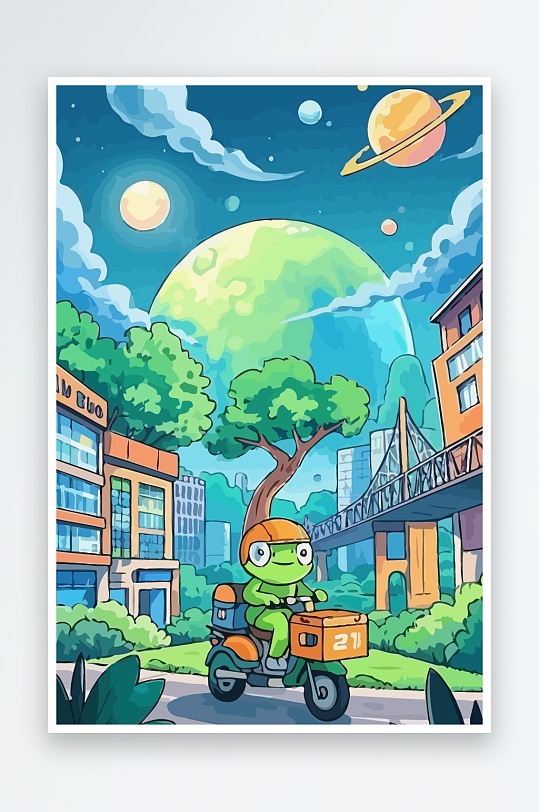 青蛙孩童骑车风景插画-众图网