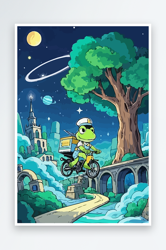青蛙孩童骑车风景插画-众图网