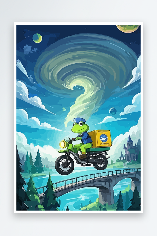 青蛙孩童骑车风景插画-众图网