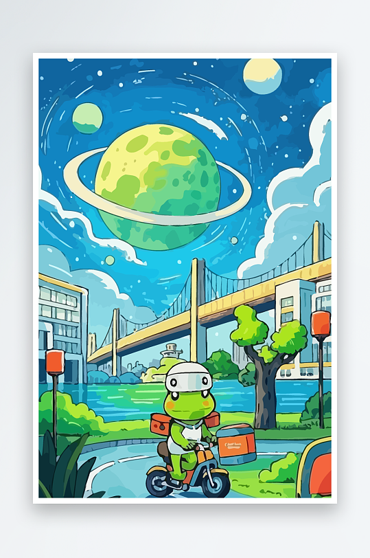 青蛙孩童骑车风景插画-众图网