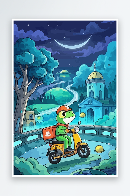 青蛙孩童骑车风景插画-众图网