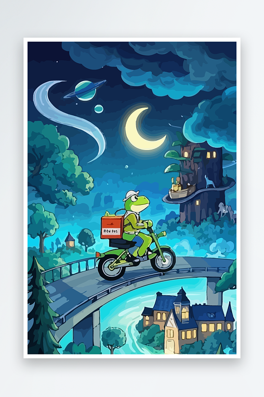 青蛙孩童骑车风景插画元素-众图网