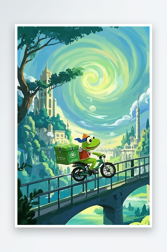 青蛙孩童骑车风景插画元素-众图网