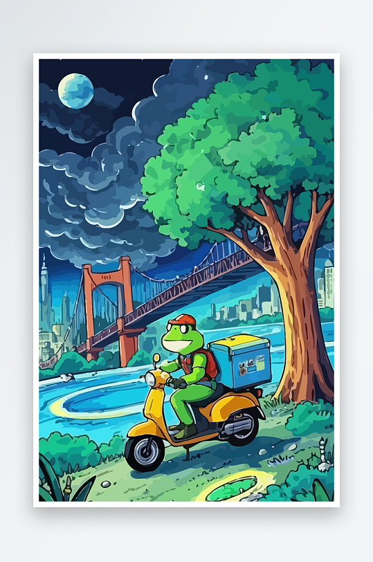 青蛙孩童骑车风景插画元素-众图网