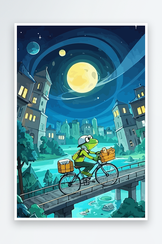 青蛙孩童骑车风景插画元素-众图网