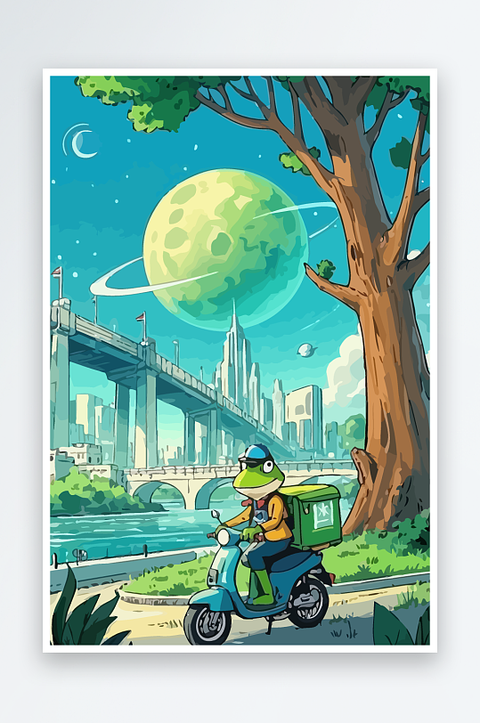 青蛙孩童骑车风景插画元素-众图网