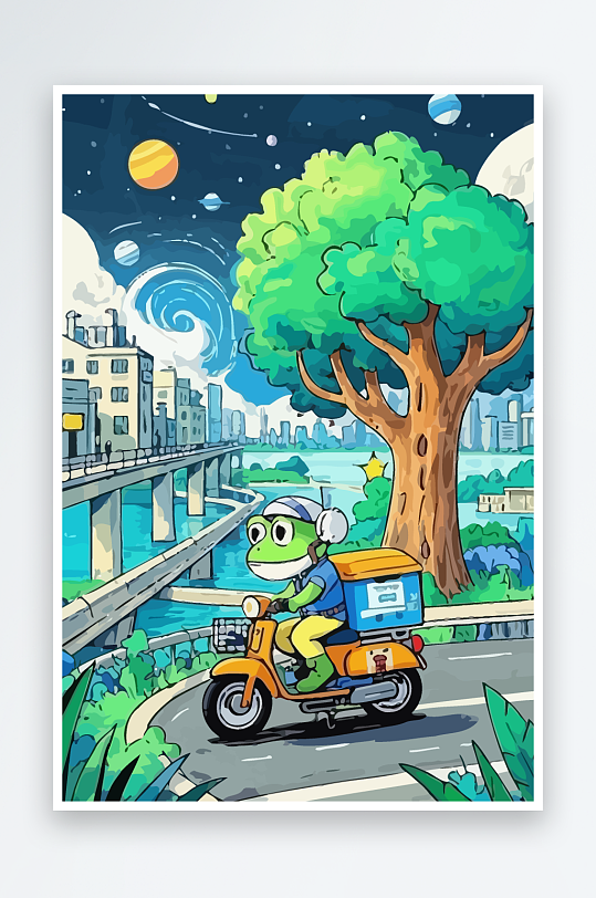 青蛙孩童骑车风景插画元素-众图网
