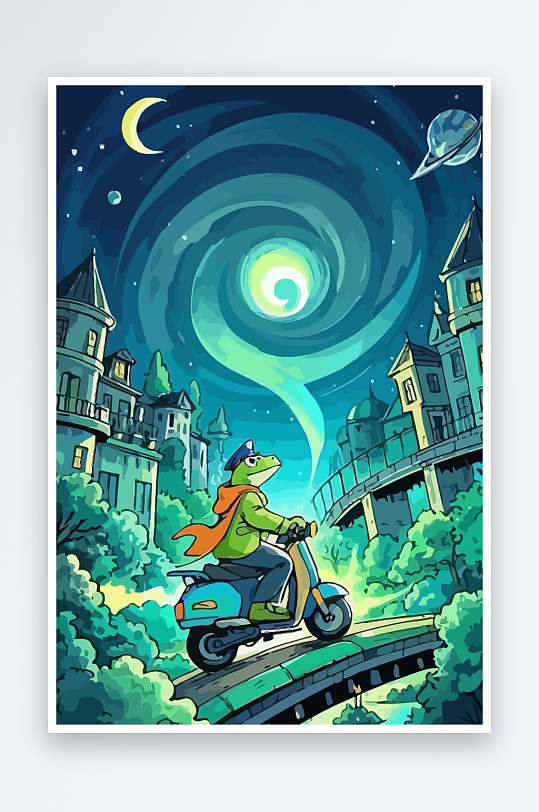 青蛙孩童骑车风景插画元素-众图网