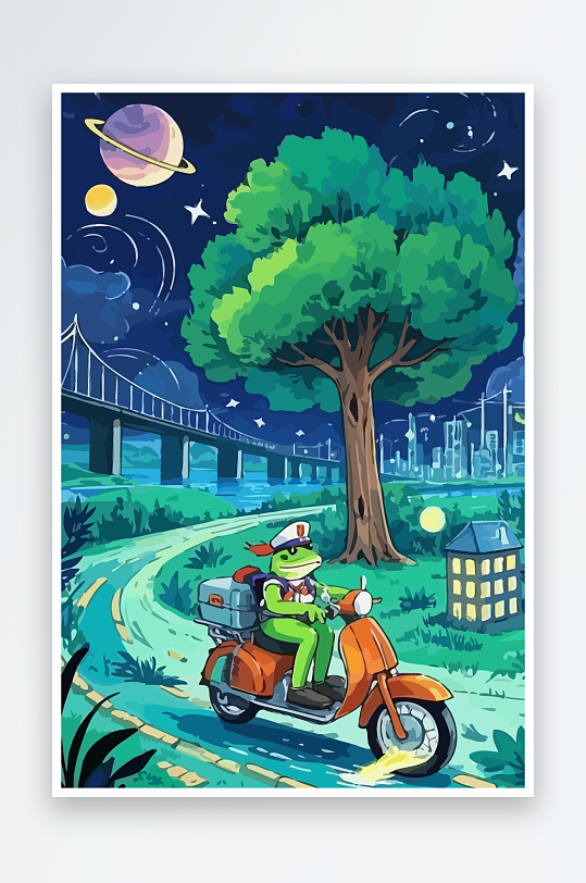 青蛙孩童骑车风景插画元素-众图网