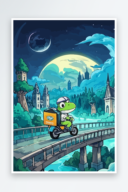 青蛙孩童骑车风景插画元素-众图网