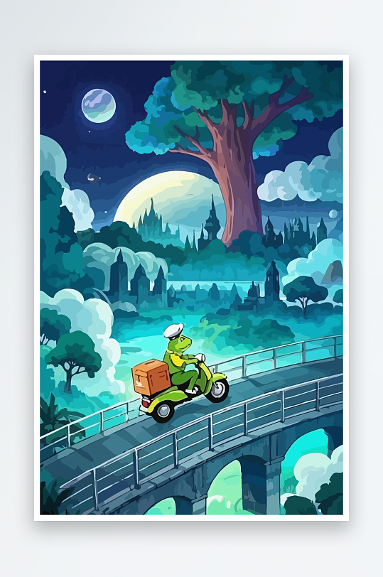 青蛙孩童骑车风景插画元素-众图网