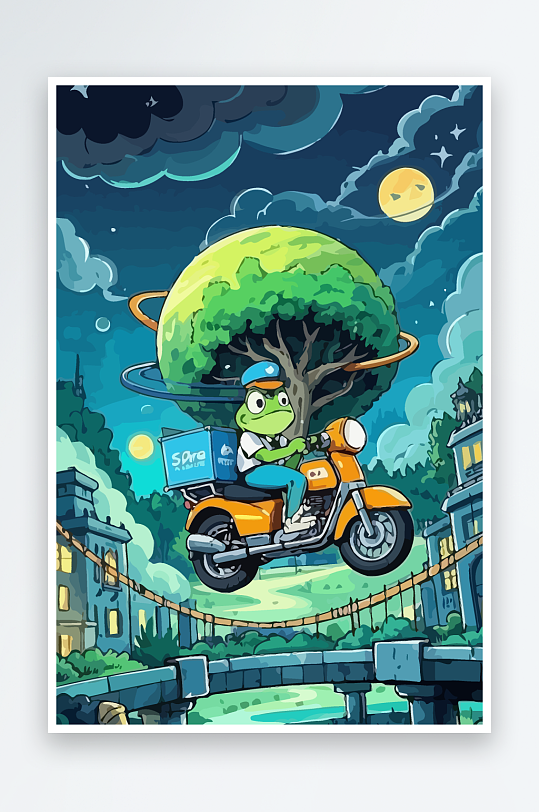 青蛙孩童骑车风景插画元素-众图网