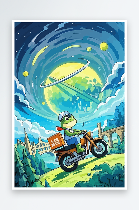 青蛙孩童骑车风景插画元素-众图网